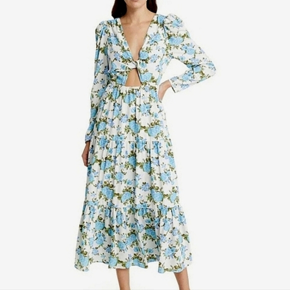Charles Henry Blue & White Floral Twist Front Cutout Midi Dress Garden Party LG